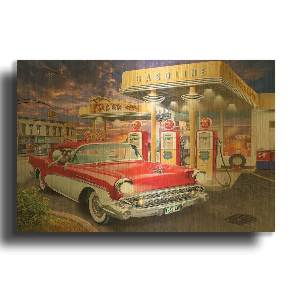 'Filler Up' By Bigelow Illustrations Gold Metal Wall Art