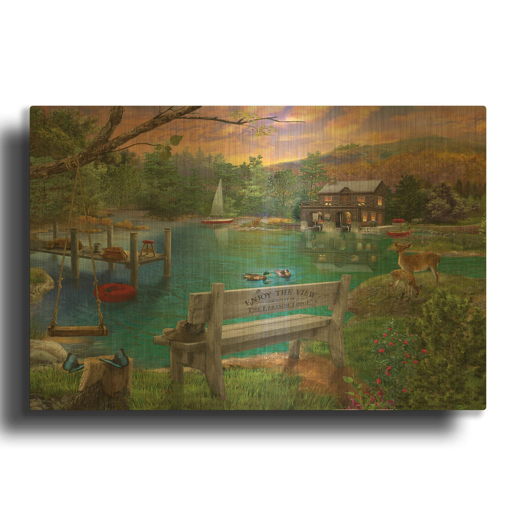 'Lakeside View From The Bench' By Bigelow Illustrations Gold Metal Wall Art