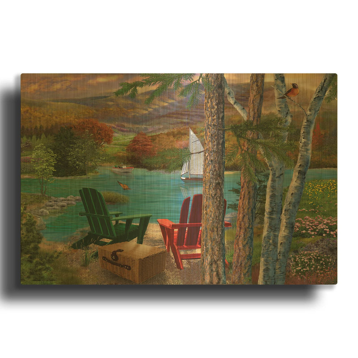'Lakeside View From The Chairs' By Bigelow Illustrations Gold Metal Wall Art