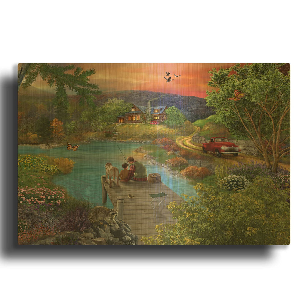 'Lakeside View From The Dock' By Bigelow Illustrations Gold Metal Wall Art