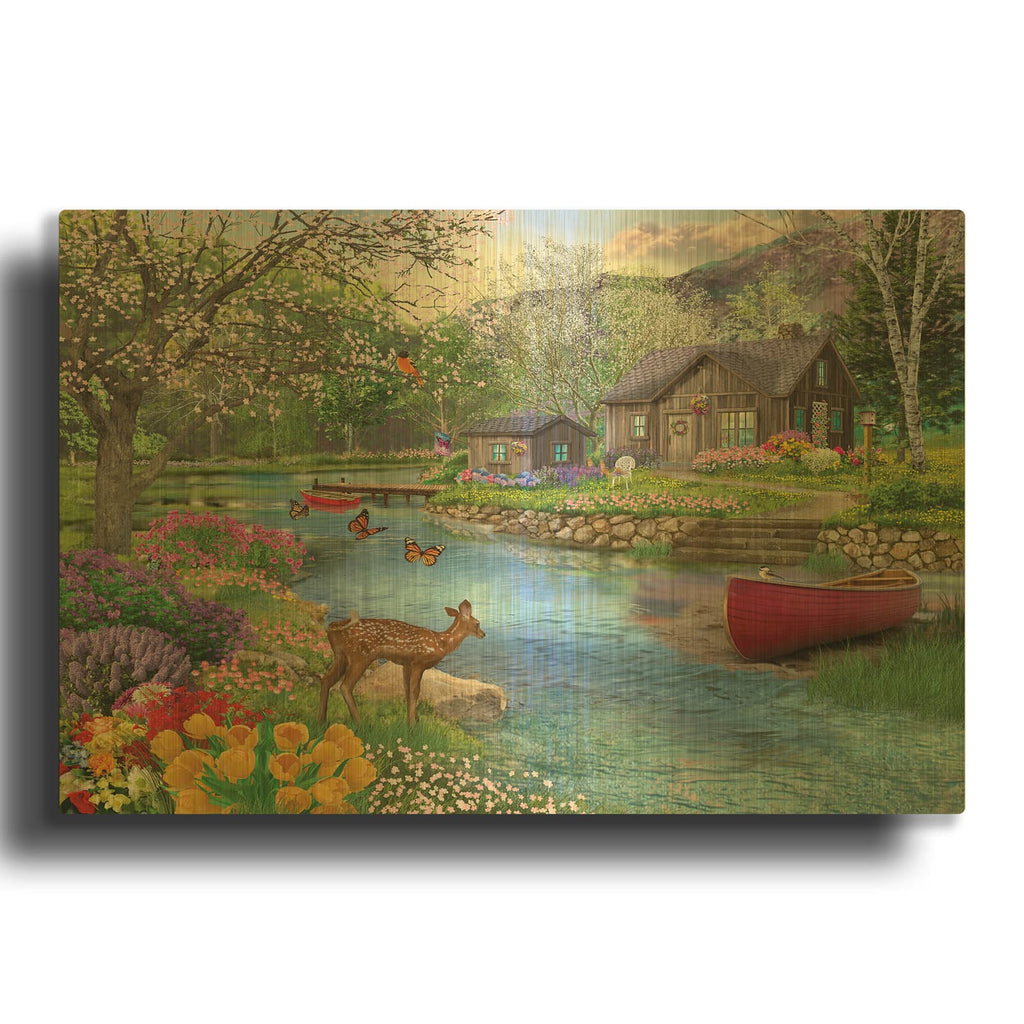 'Spring Cabin' By Bigelow Illustrations Gold Metal Wall Art