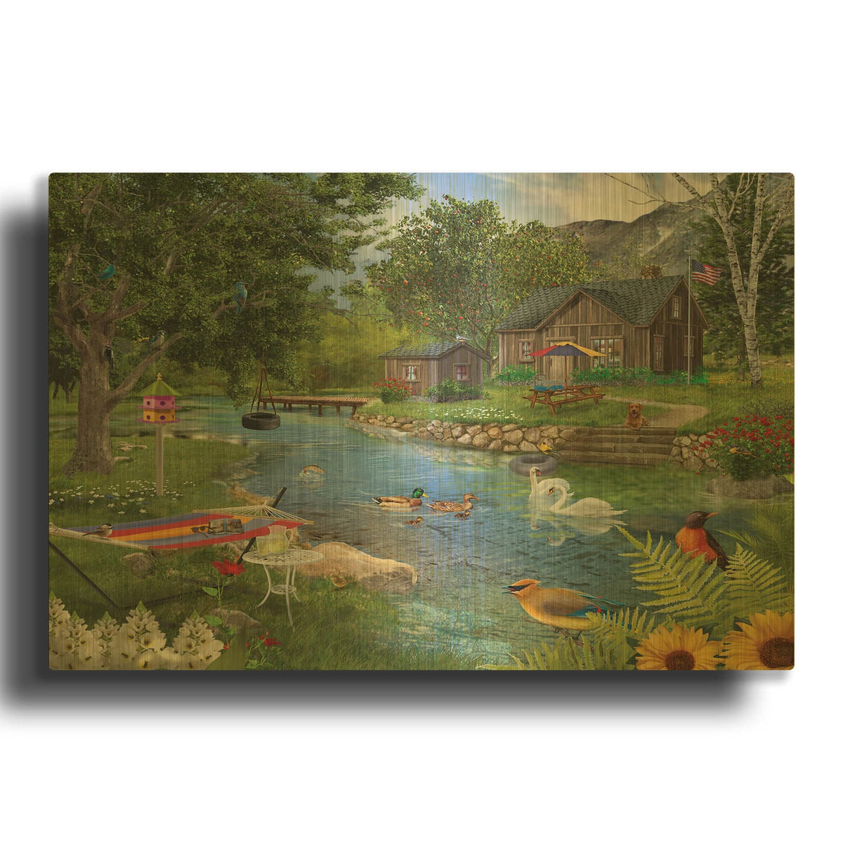 'Summer Cabin' By Bigelow Illustrations Gold Metal Wall Art