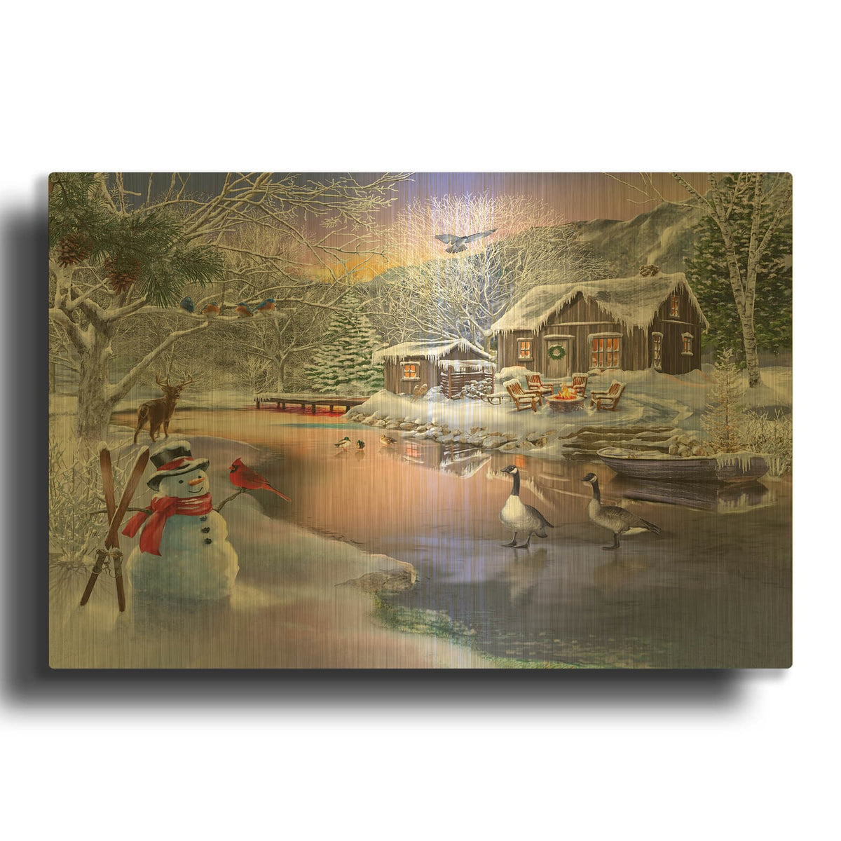 'Winter Cabin 2' By Bigelow Illustrations Gold Metal Wall Art