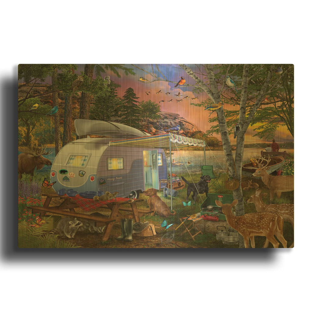 'Camp Site Watch Dogs' By Bigelow Illustrations Gold Metal Wall Art