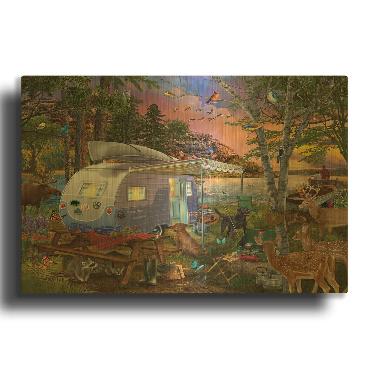 'Camp Site Watch Dogs' By Bigelow Illustrations Gold Metal Wall Art