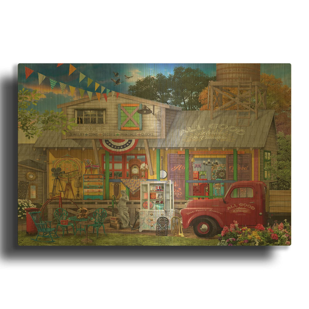 'All Good Antiques' By Bigelow Illustrations Gold Metal Wall Art