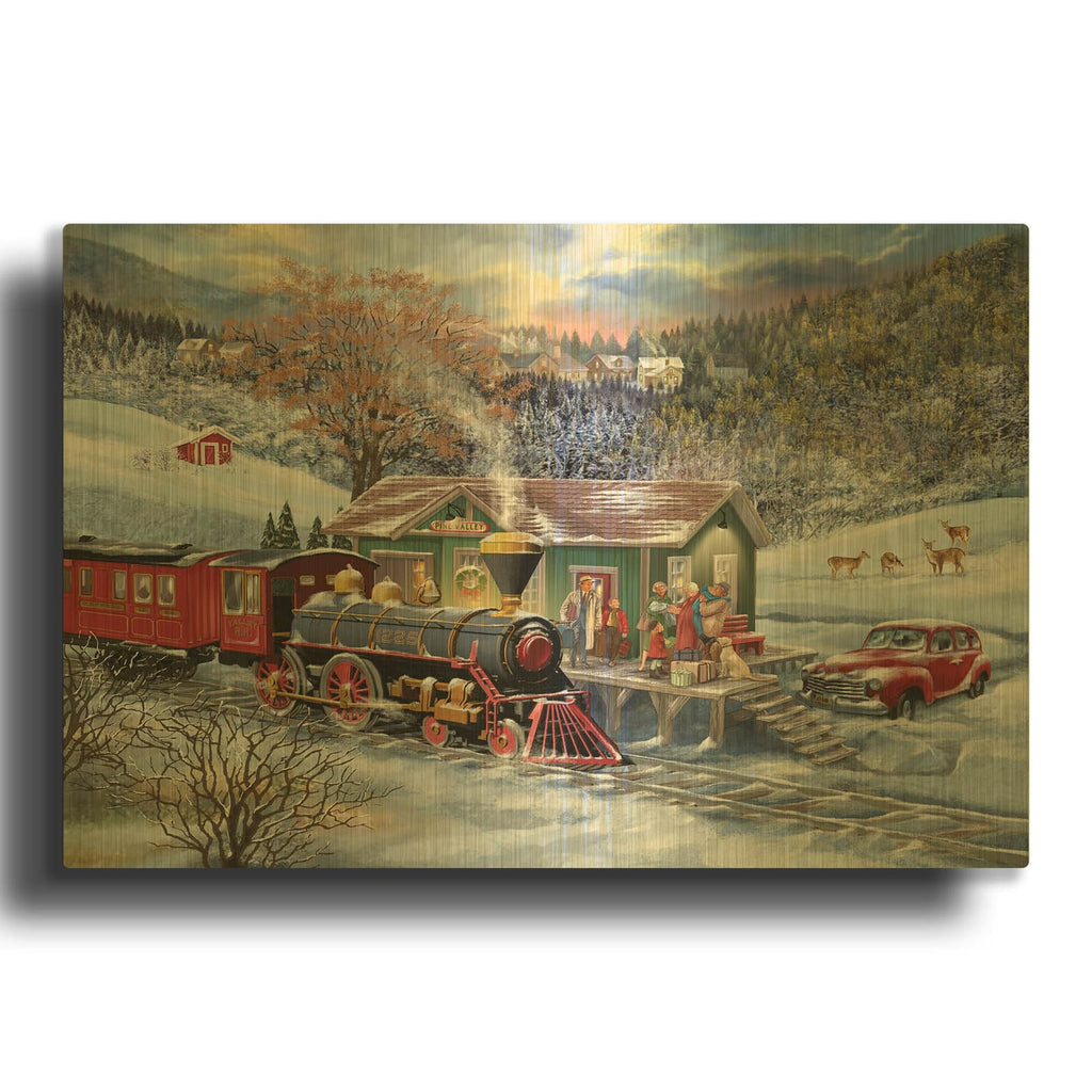 'Train Station Christmas Eve' By Bigelow Illustrations Gold Metal Wall Art