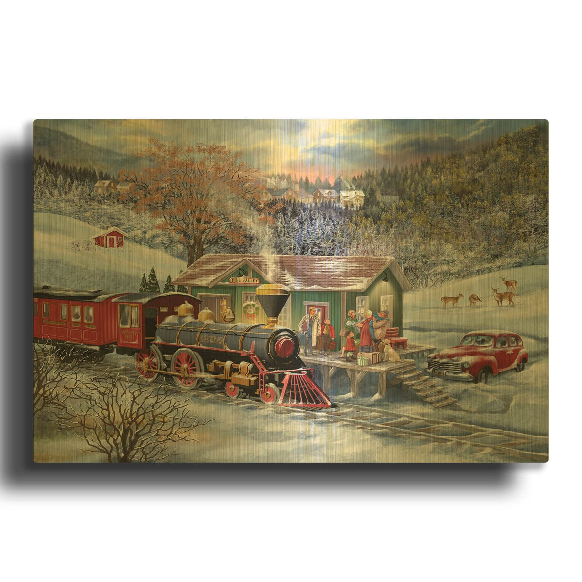 'Train Station Christmas Eve' By Bigelow Illustrations Gold Metal Wall Art