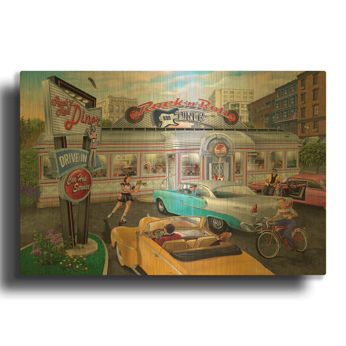 'Rock N Roll City Diner' By Bigelow Illustrations Gold Metal Wall Art