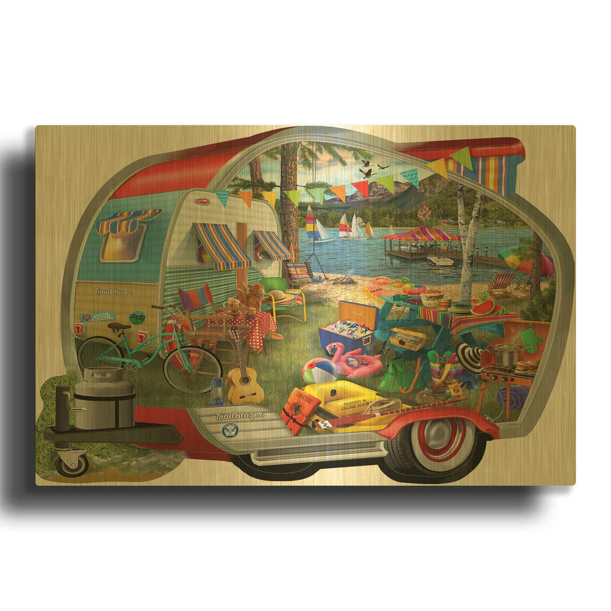 'Colorful Camping' By Bigelow Illustrations Gold Metal Wall Art