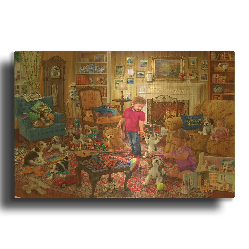 'Fun With Puppies' By Bigelow Illustrations Gold Metal Wall Art