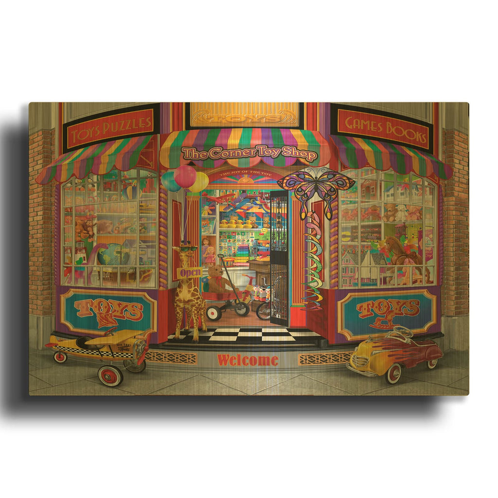 'Corner Toy Shop' By Bigelow Illustrations Gold Metal Wall Art