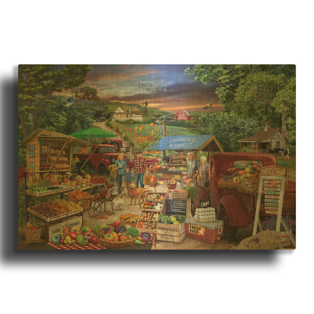 'Red Trucks Farm Market' By Bigelow Illustrations Gold Metal Wall Art