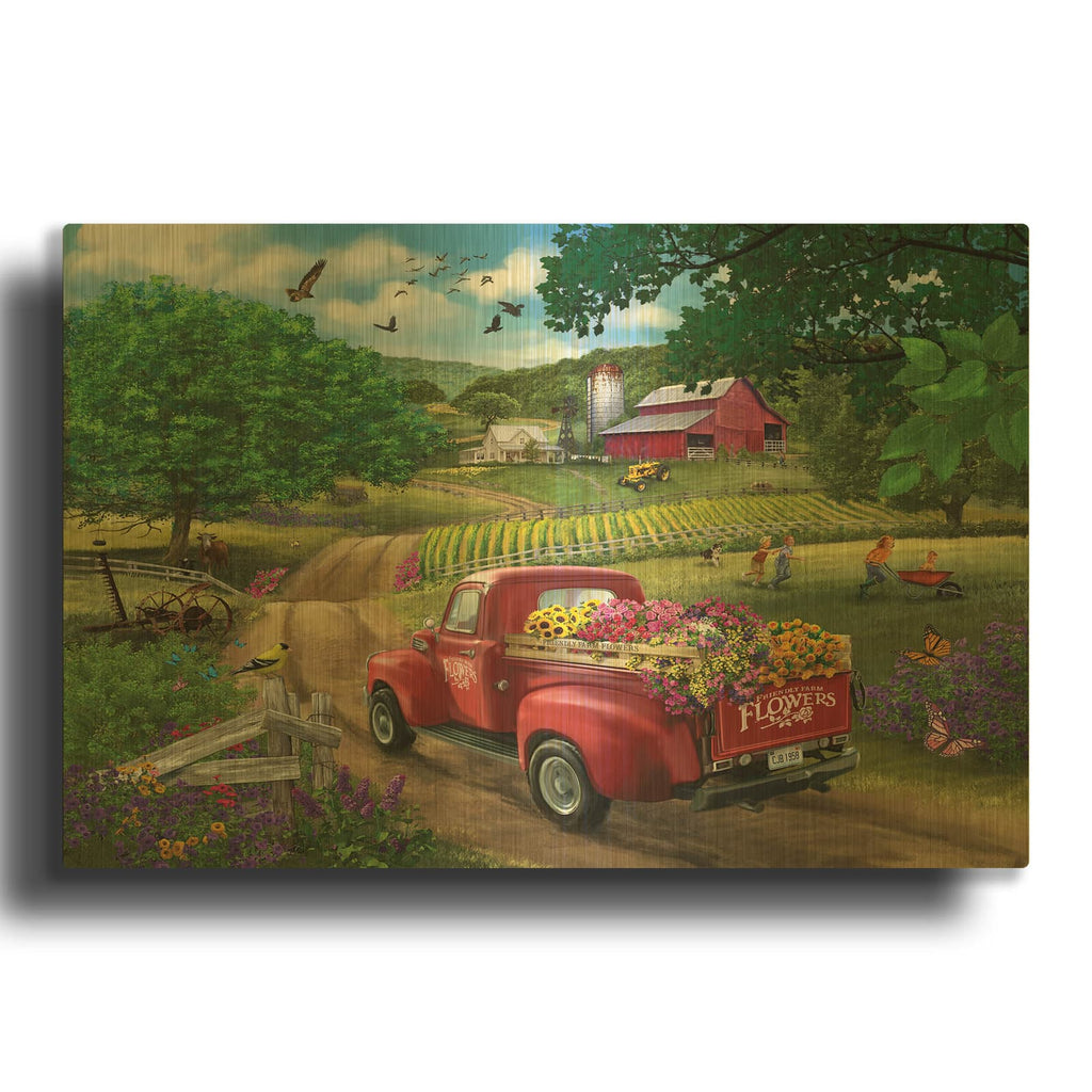 'Country Road (Flower Truck)' By Bigelow Illustrations Gold Metal Wall Art