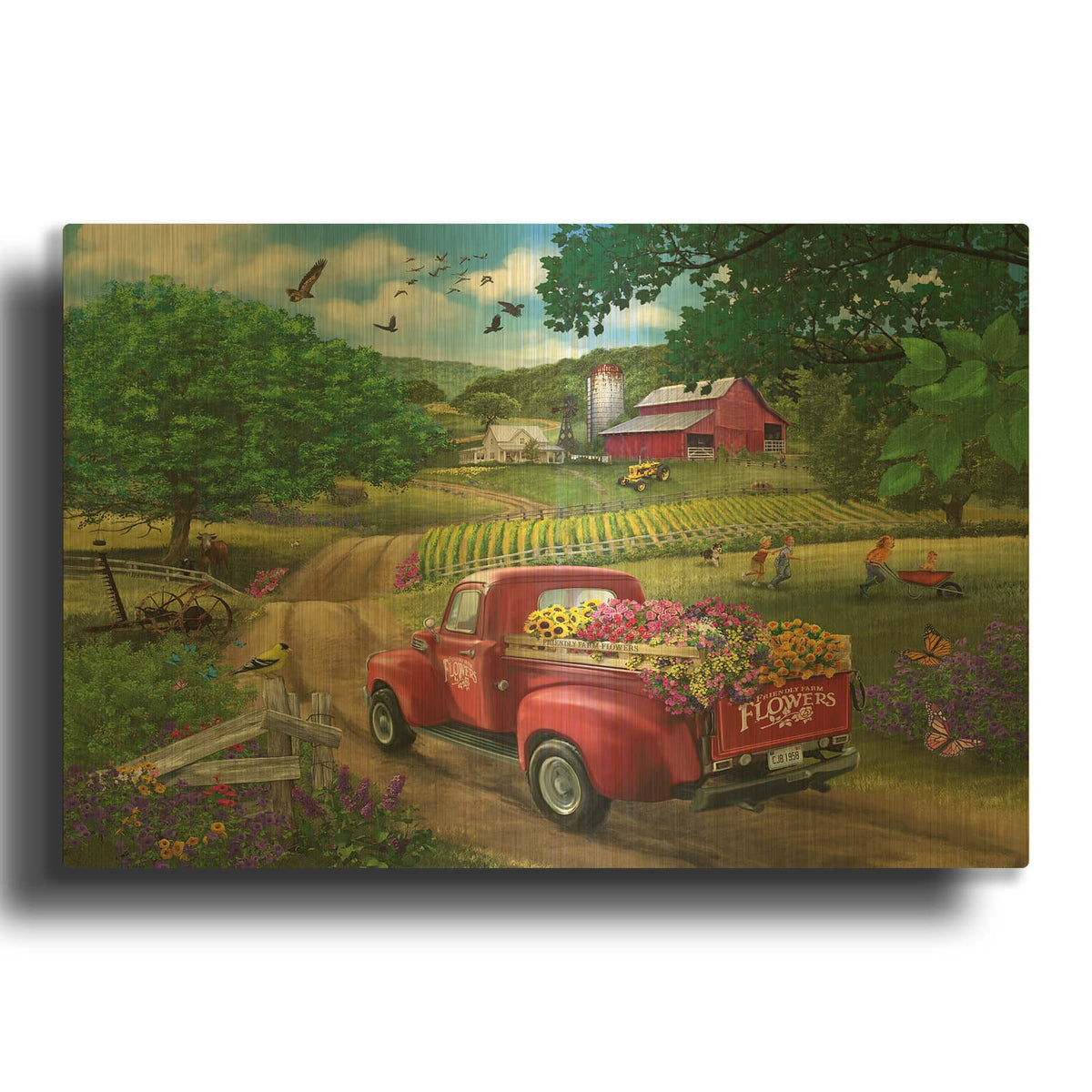 'Country Road (Flower Truck)' By Bigelow Illustrations Gold Metal Wall Art