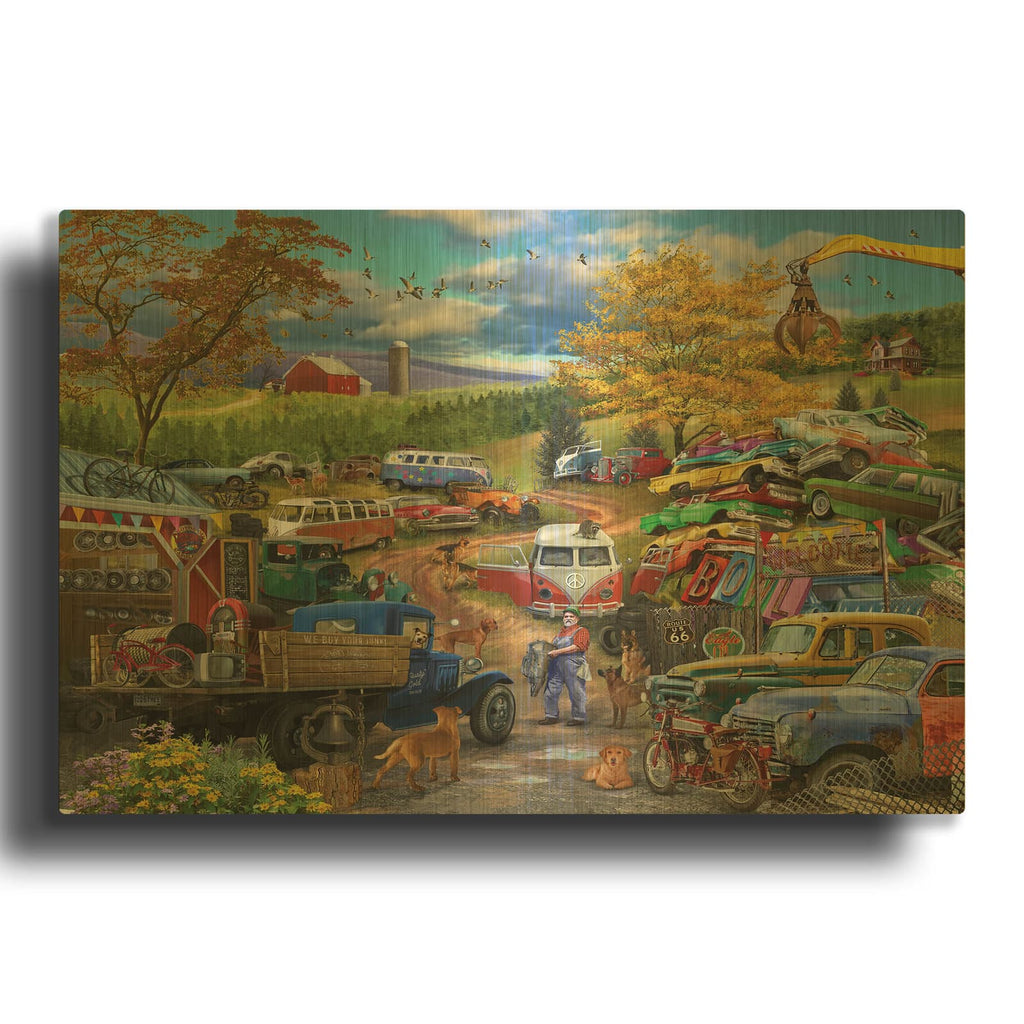 'Rusty Gold And His Junkyard Dogs' By Bigelow Illustrations Gold Metal Wall Art