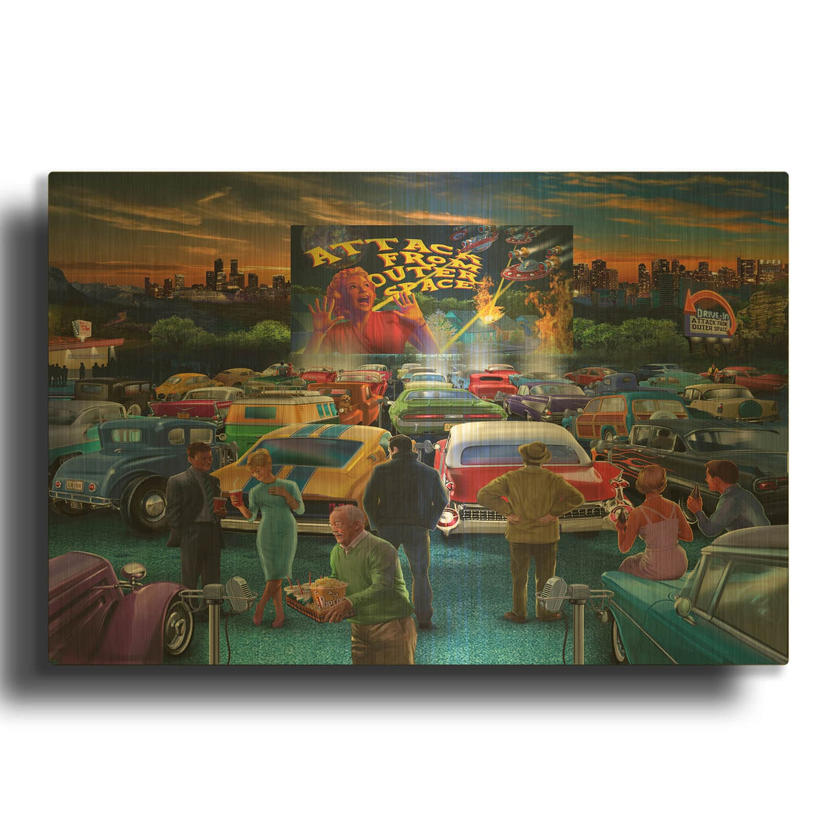 'Drive In' By Bigelow Illustrations Gold Metal Wall Art