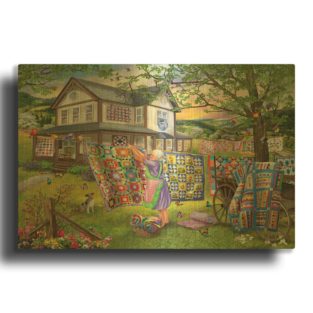 'Farmhouse Quilts' By Bigelow Illustrations Gold Metal Wall Art