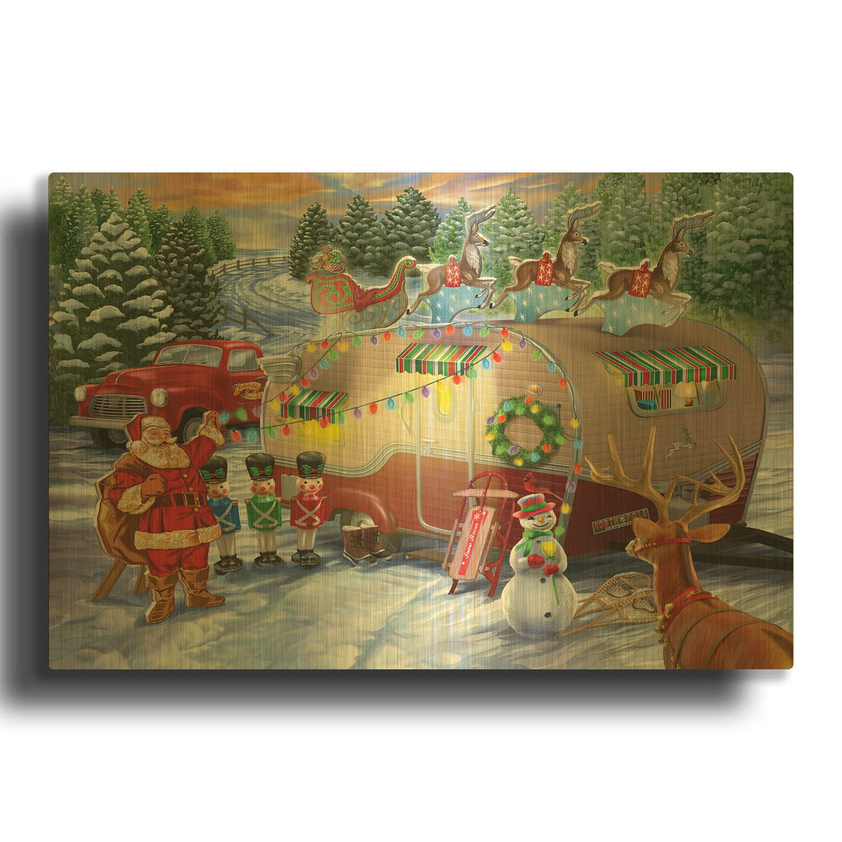 'Christmas Camper' By Bigelow Illustrations Gold Metal Wall Art