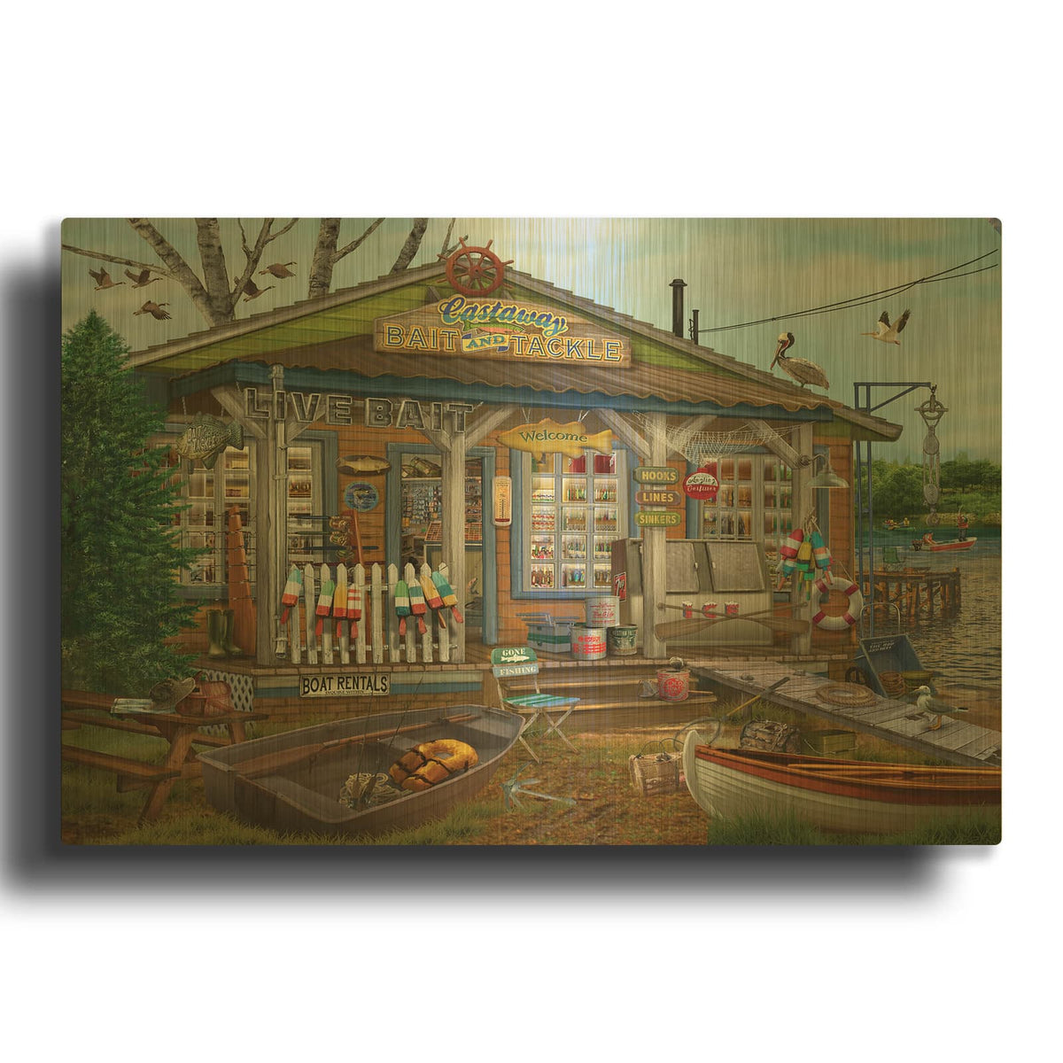 'Castaway Bait And Tackle' By Bigelow Illustrations Gold Metal Wall Art