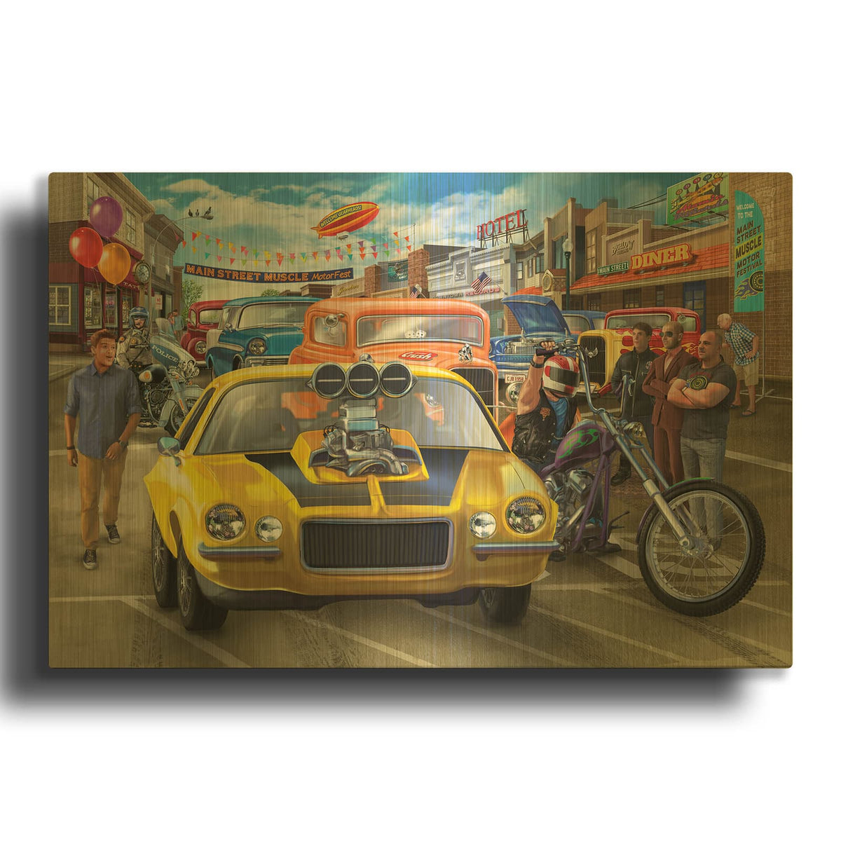 'Main Street Muscle' By Bigelow Illustrations Gold Metal Wall Art