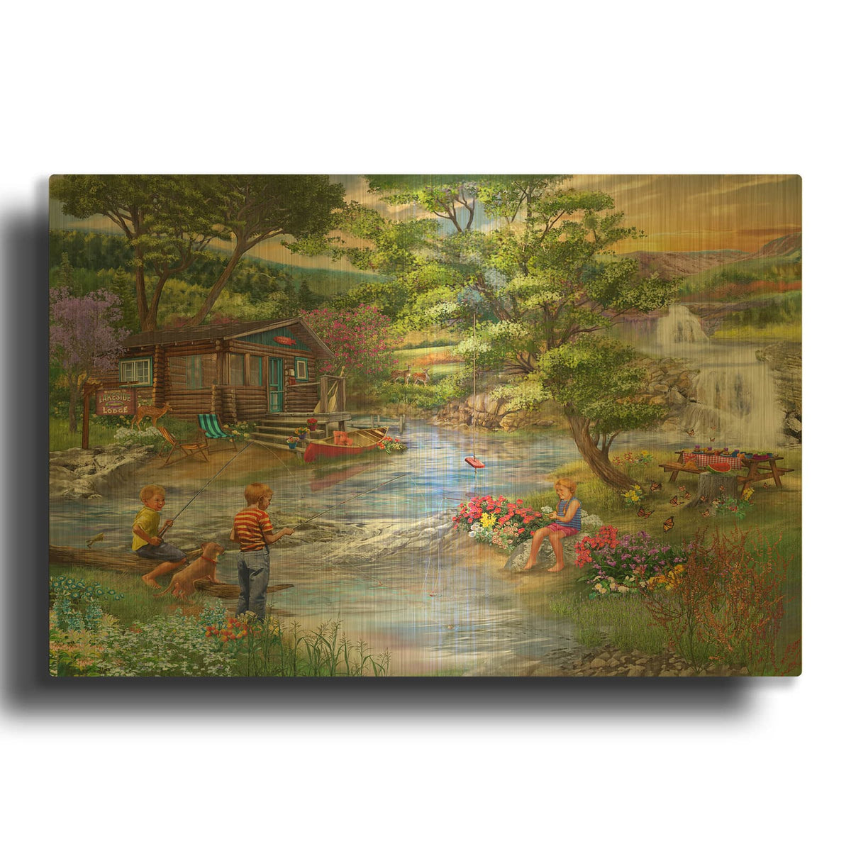 'Fishing From The Banks' By Bigelow Illustrations Gold Metal Wall Art