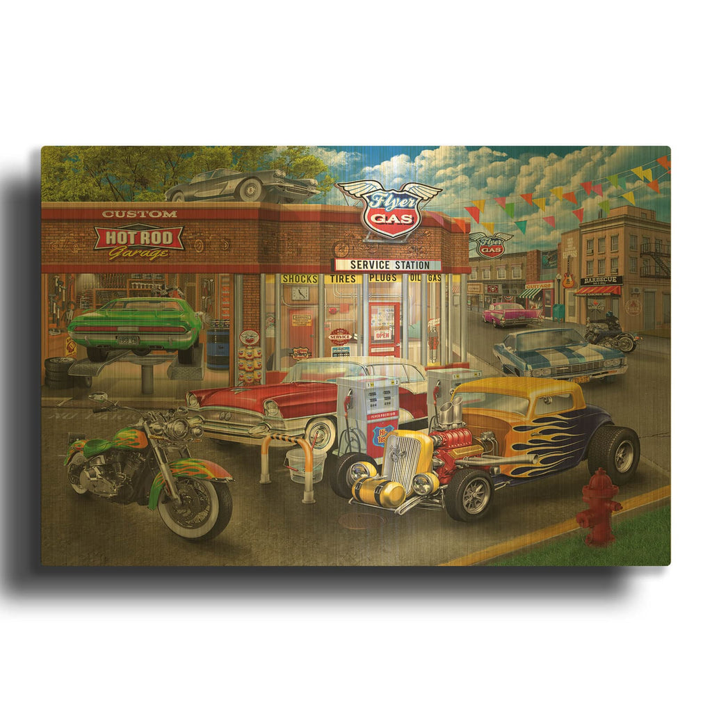 'Hot Rod Garage' By Bigelow Illustrations Gold Metal Wall Art