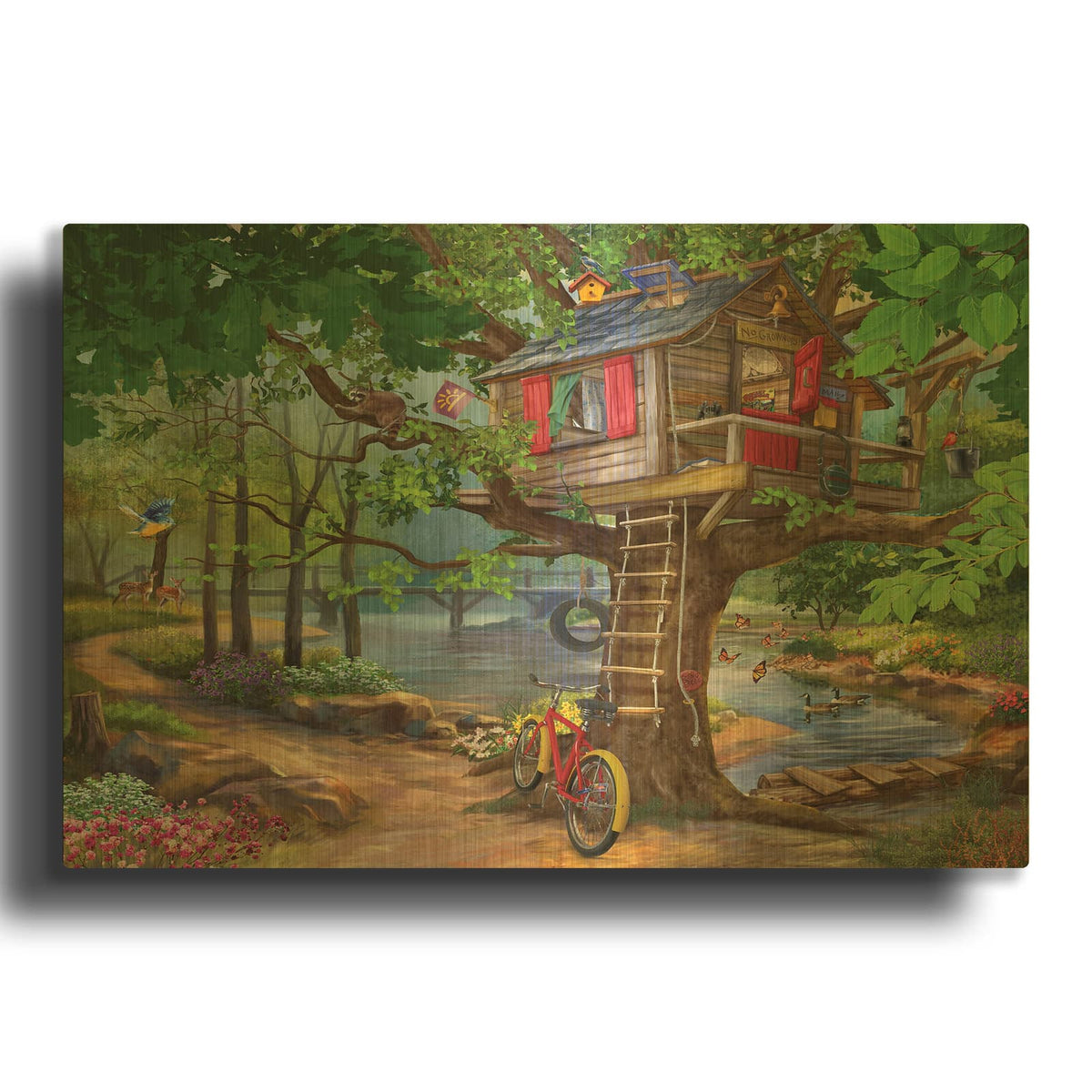 'River Tree House' By Bigelow Illustrations Gold Metal Wall Art