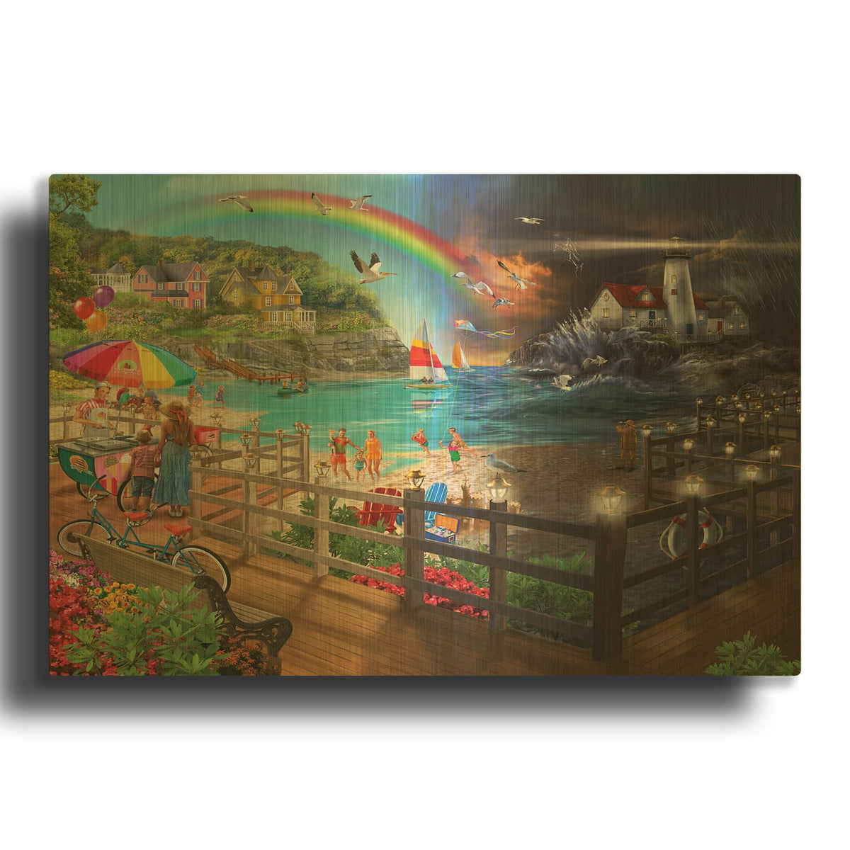 'Day Night Shore Walk' By Bigelow Illustrations Gold Metal Wall Art