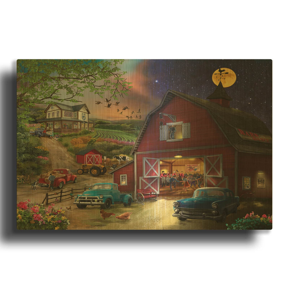 'Farm Life Night And Day' By Bigelow Illustrations Gold Metal Wall Art