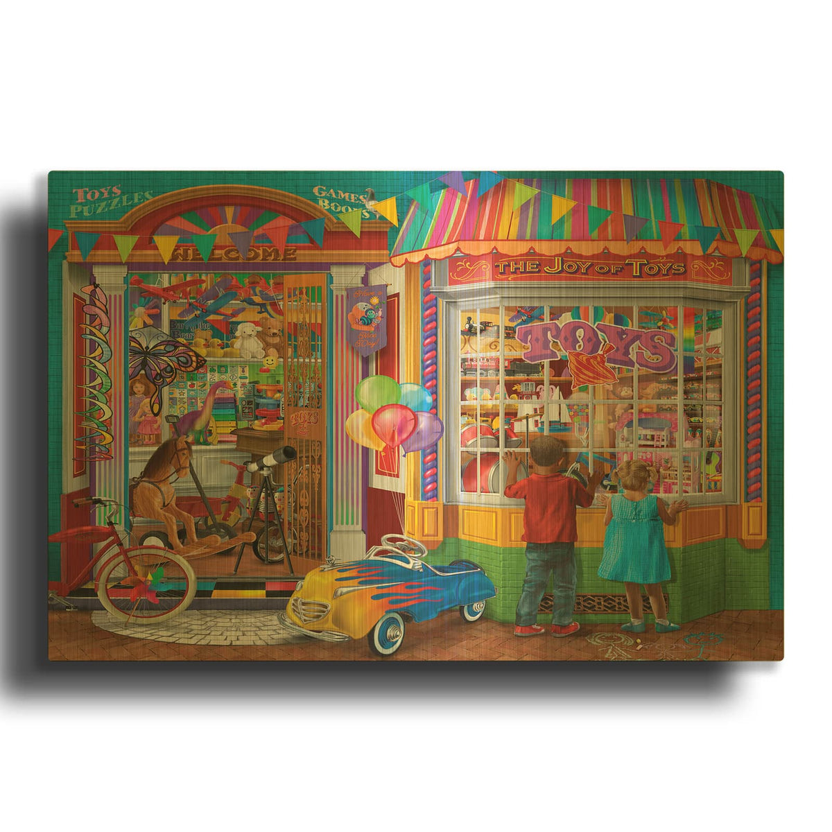 'Toy Store Wishing' By Bigelow Illustrations Gold Metal Wall Art