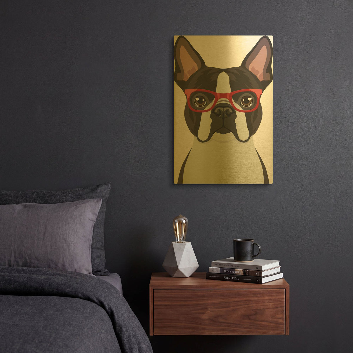 'Boston Terrier Wearing Hipster Glasses' By Furbaby Affiliates Gold Metal Wall Art