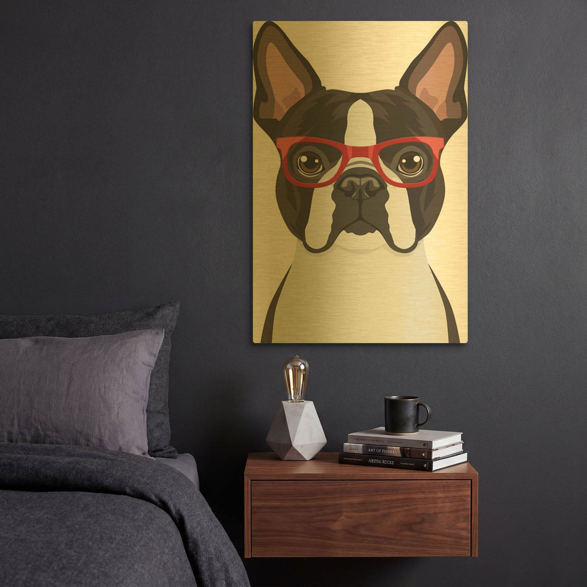 'Boston Terrier Wearing Hipster Glasses' By Furbaby Affiliates Gold Metal Wall Art