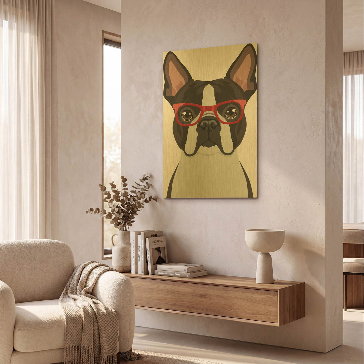 'Boston Terrier Wearing Hipster Glasses' By Furbaby Affiliates Gold Metal Wall Art