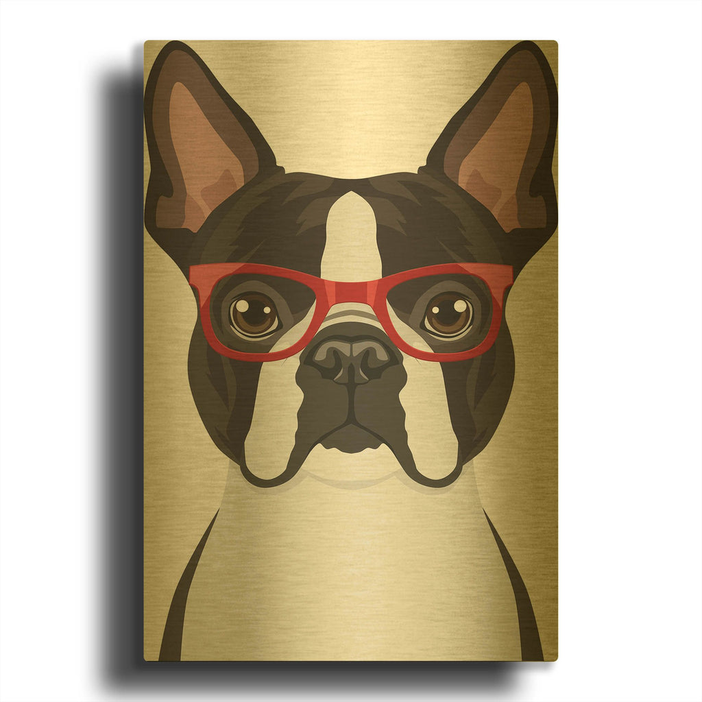 'Boston Terrier Wearing Hipster Glasses' By Furbaby Affiliates Gold Metal Wall Art