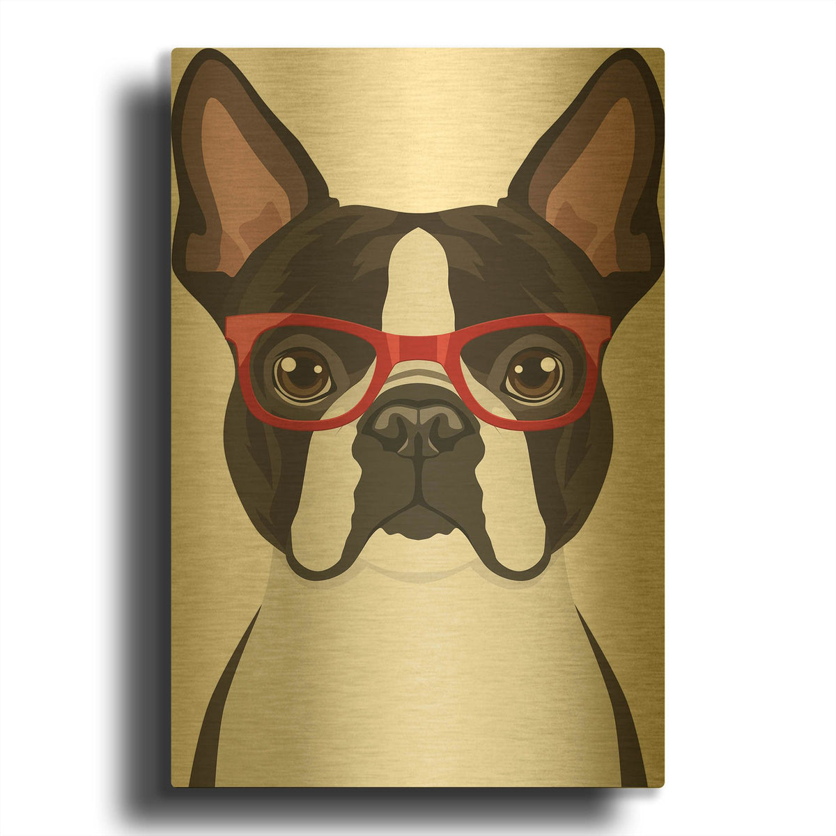 'Boston Terrier Wearing Hipster Glasses' By Furbaby Affiliates Gold Metal Wall Art