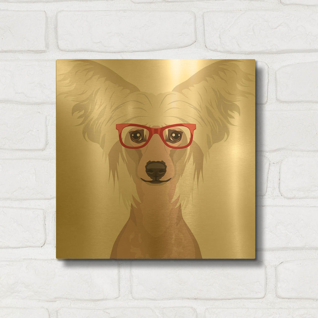 'Chinese Crested Wearing Hipster Glasses' By Furbaby Affiliates Gold Metal Wall Art