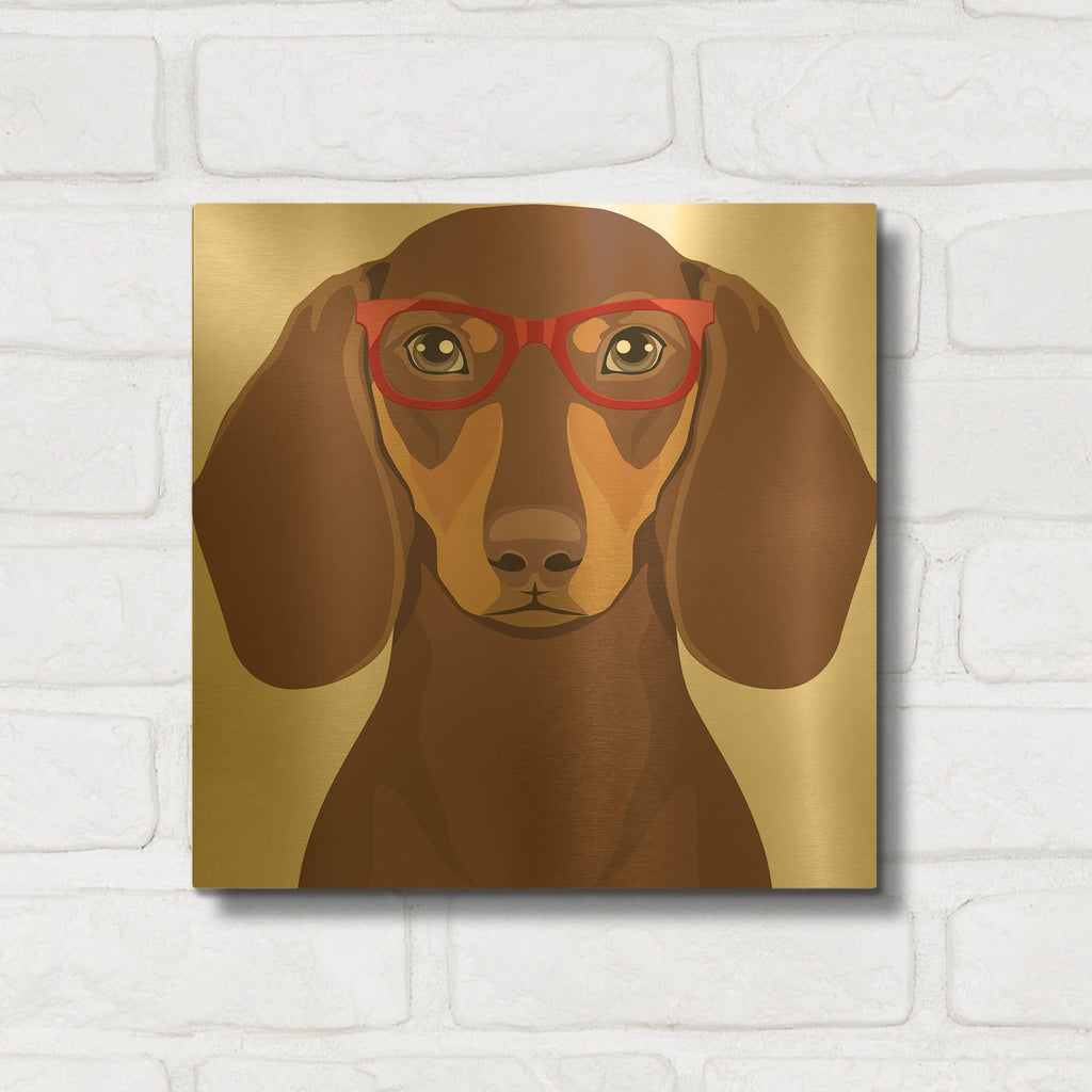 'Dachshund Wearing Hipster Glasses 2' By Furbaby Affiliates Gold Metal Wall Art