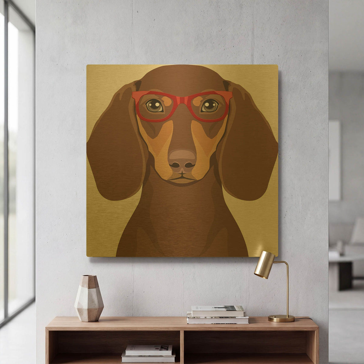 'Dachshund Wearing Hipster Glasses 2' By Furbaby Affiliates Gold Metal Wall Art