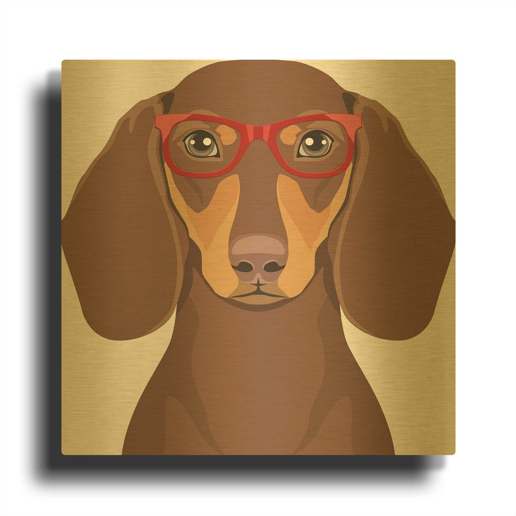 'Dachshund Wearing Hipster Glasses 2' By Furbaby Affiliates Gold Metal Wall Art