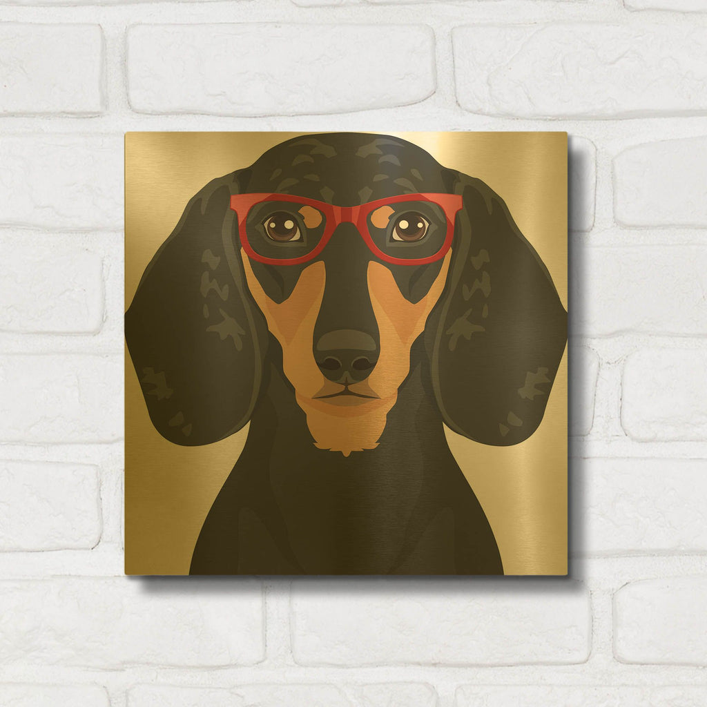 'Dachshund Wearing Hipster Glasses 3' By Furbaby Affiliates Gold Metal Wall Art