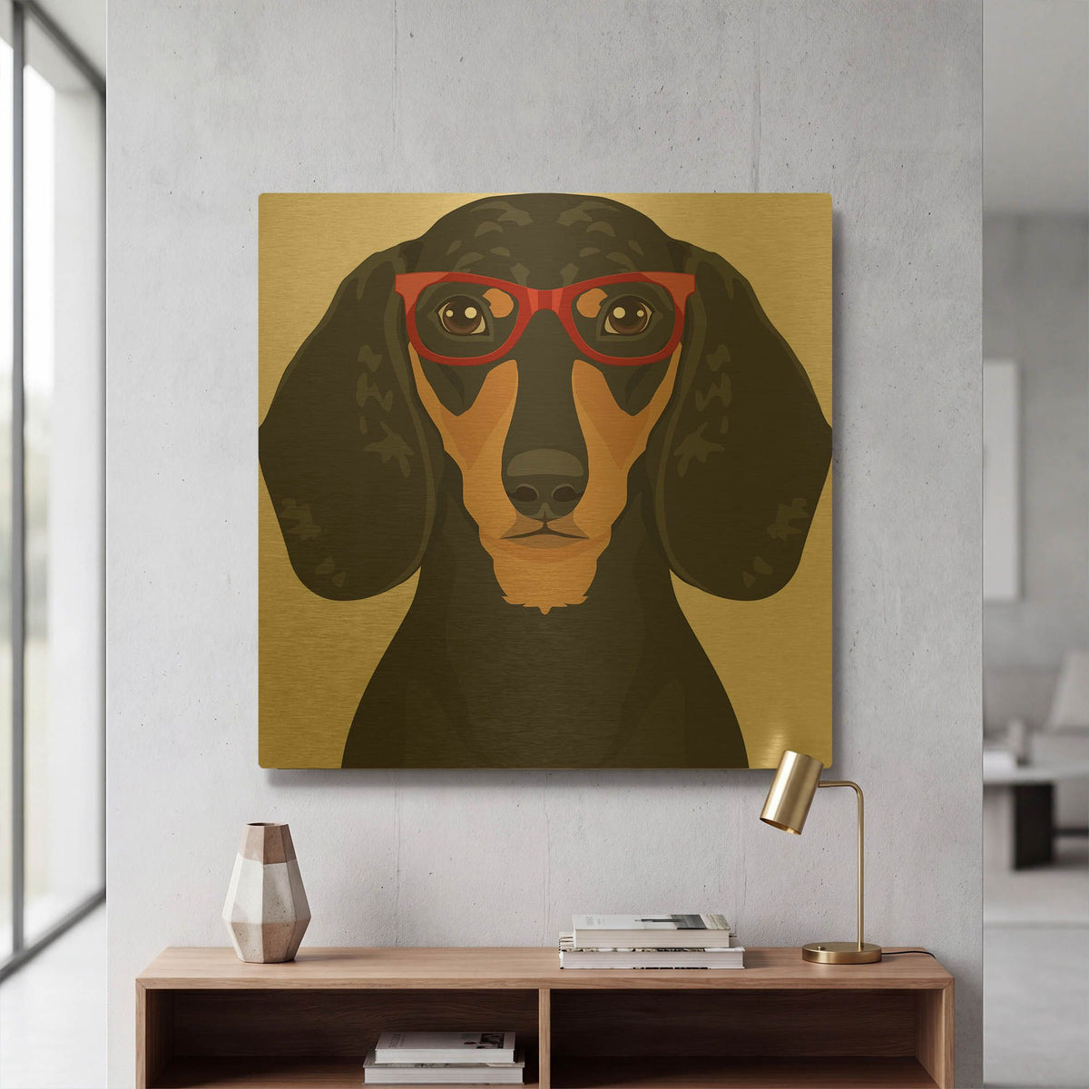 'Dachshund Wearing Hipster Glasses 3' By Furbaby Affiliates Gold Metal Wall Art