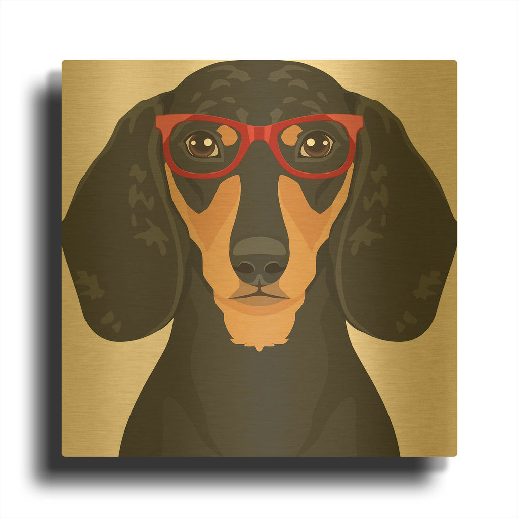 'Dachshund Wearing Hipster Glasses 3' By Furbaby Affiliates Gold Metal Wall Art