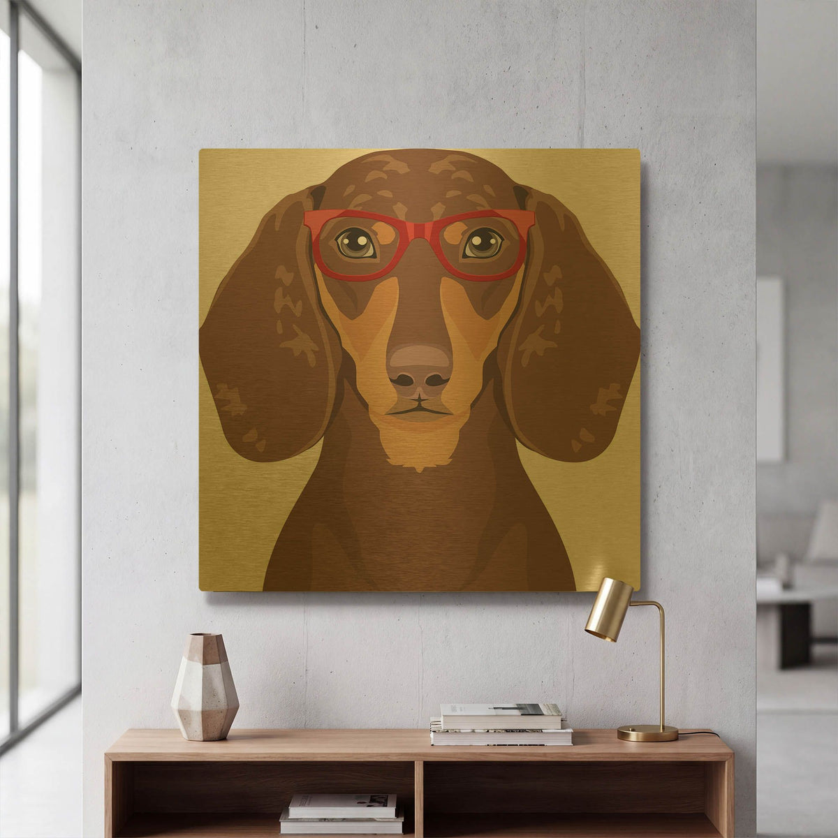 'Dachshund Wearing Hipster Glasses 4' By Furbaby Affiliates Gold Metal Wall Art