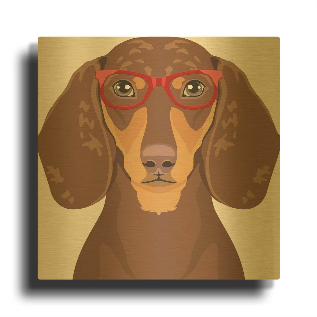 'Dachshund Wearing Hipster Glasses 4' By Furbaby Affiliates Gold Metal Wall Art