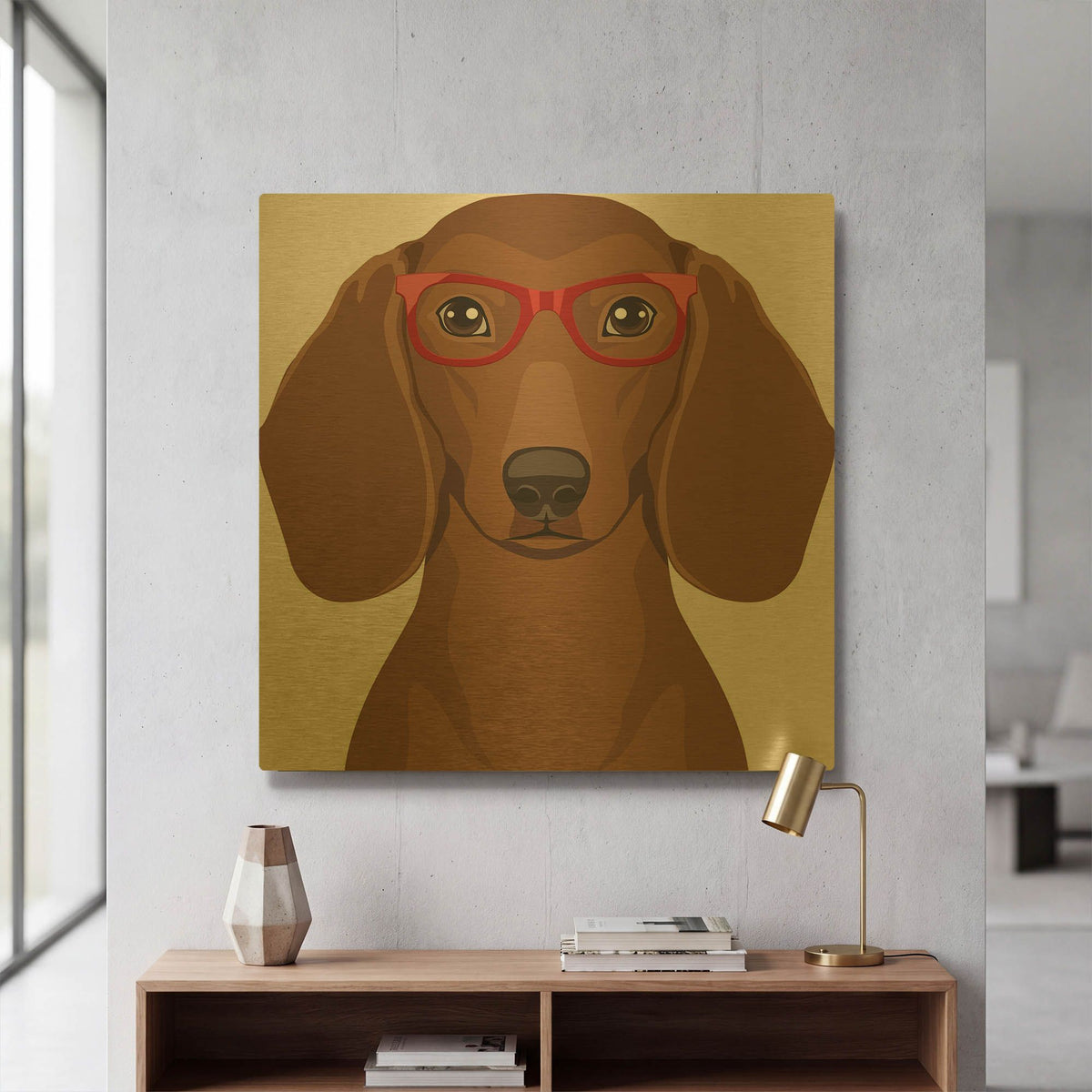 'Dachshund Wearing Hipster Glasses' By Furbaby Affiliates Gold Metal Wall Art