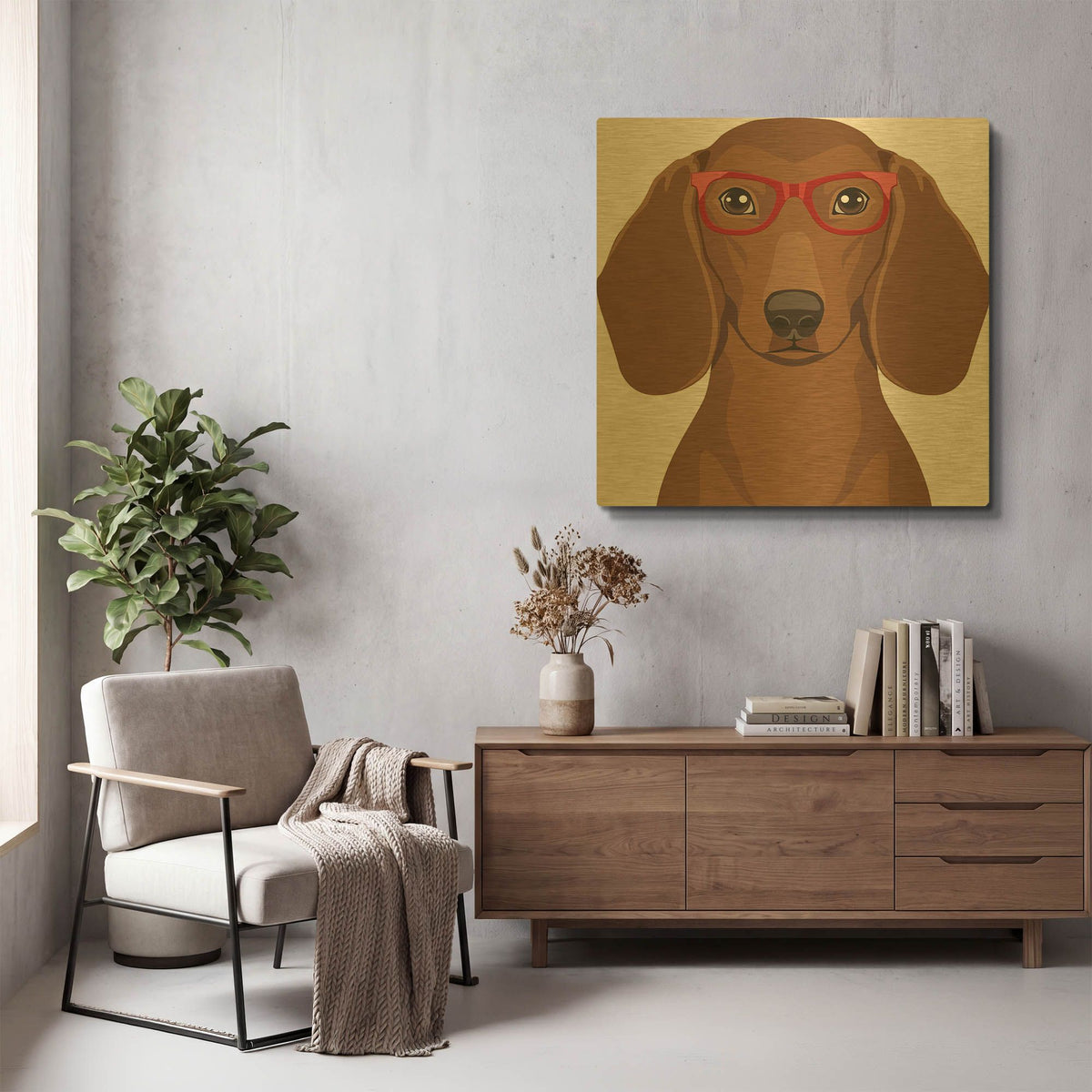 'Dachshund Wearing Hipster Glasses' By Furbaby Affiliates Gold Metal Wall Art