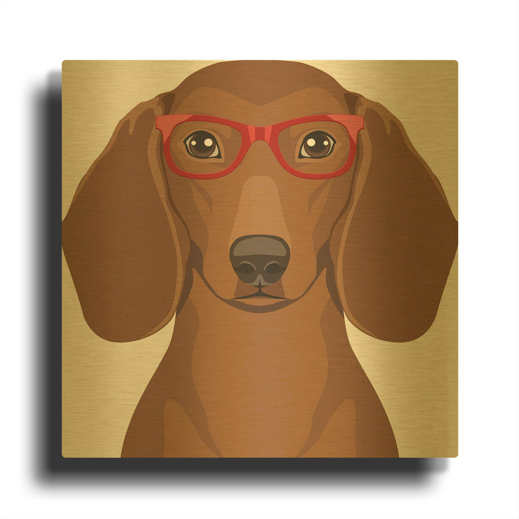 'Dachshund Wearing Hipster Glasses' By Furbaby Affiliates Gold Metal Wall Art