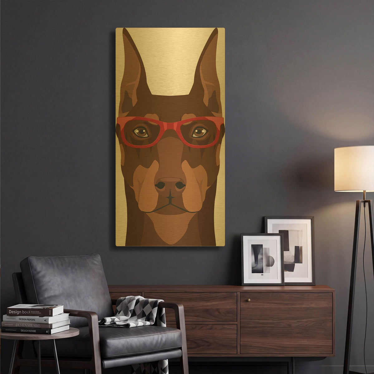 'Doberman Wearing Hipster Glasses 2' By Furbaby Affiliates Gold Metal Wall Art