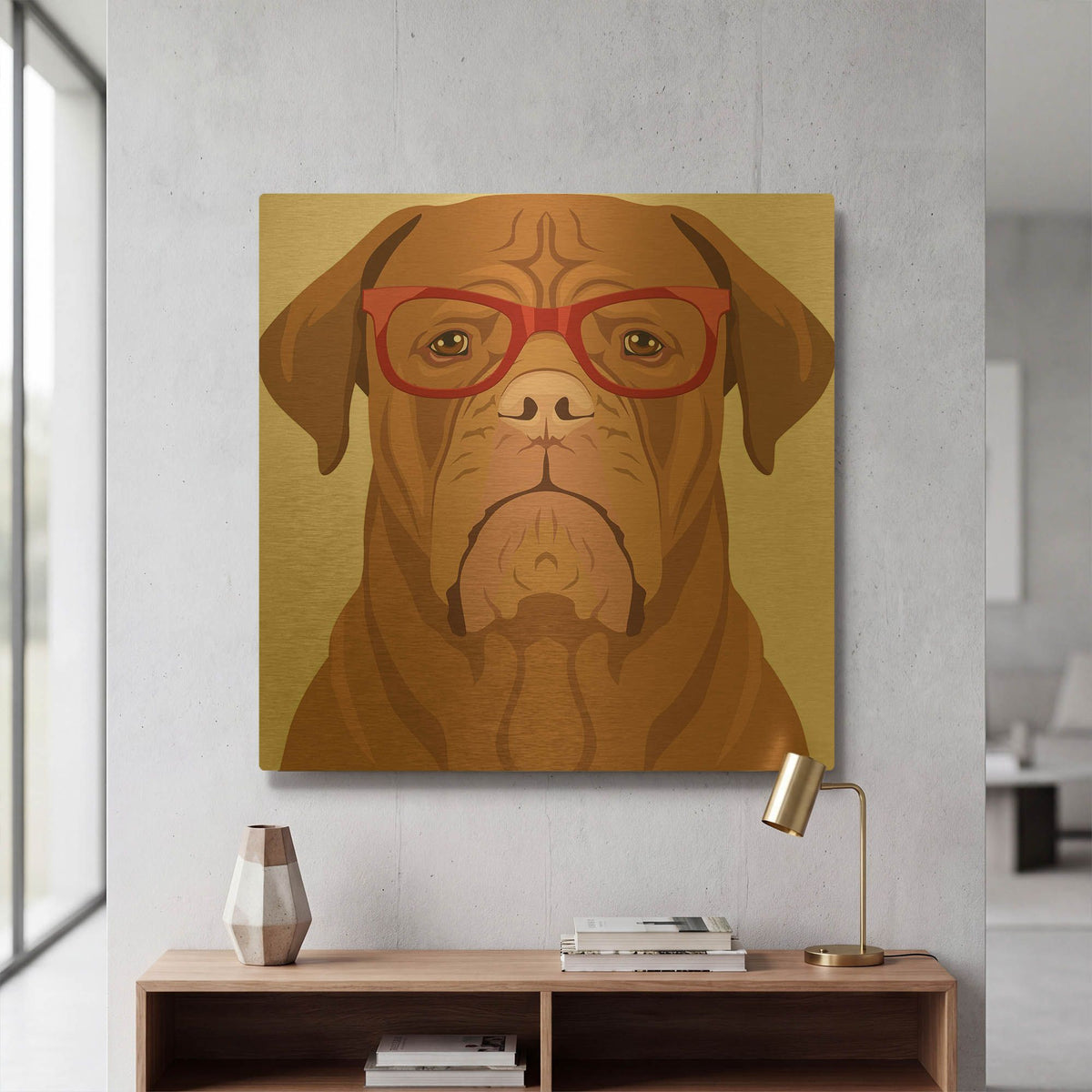 'Dogue De Bordeaux Wearing Hipster Glasses' By Furbaby Affiliates Gold Metal Wall Art